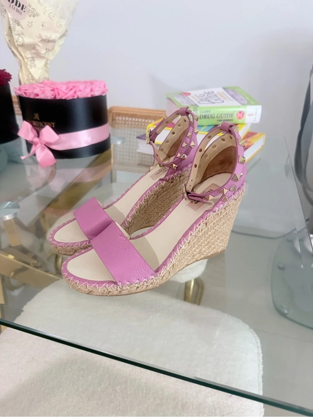 Valentino Garavani Women’s Pink Espadrille Wedge Sandals with Ankle Strap